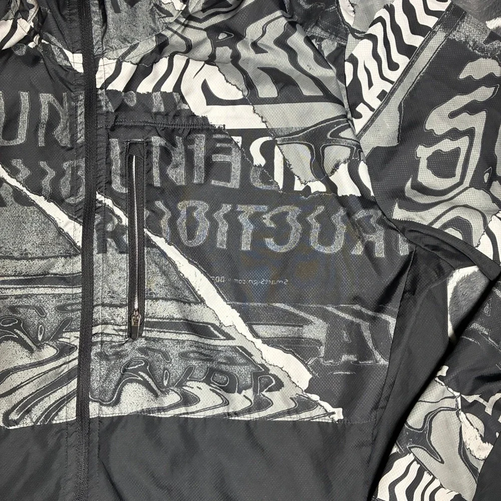 Adidas Mens Running Windbreaker Jacket Black Grey Graphic Hooded Full Zip L